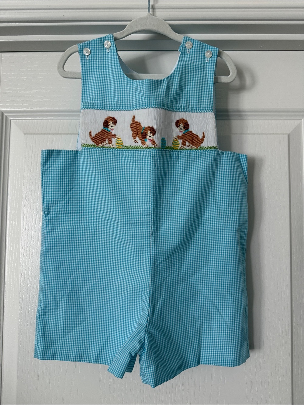 Blue Gingham Kids One-Piece Romper with Puppy Smocking